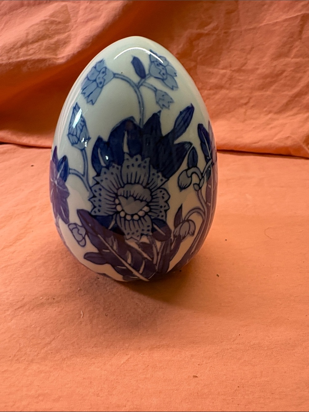 Vintage Blue and White Large Ceramic Chinoiserie Floral Decorative Egg